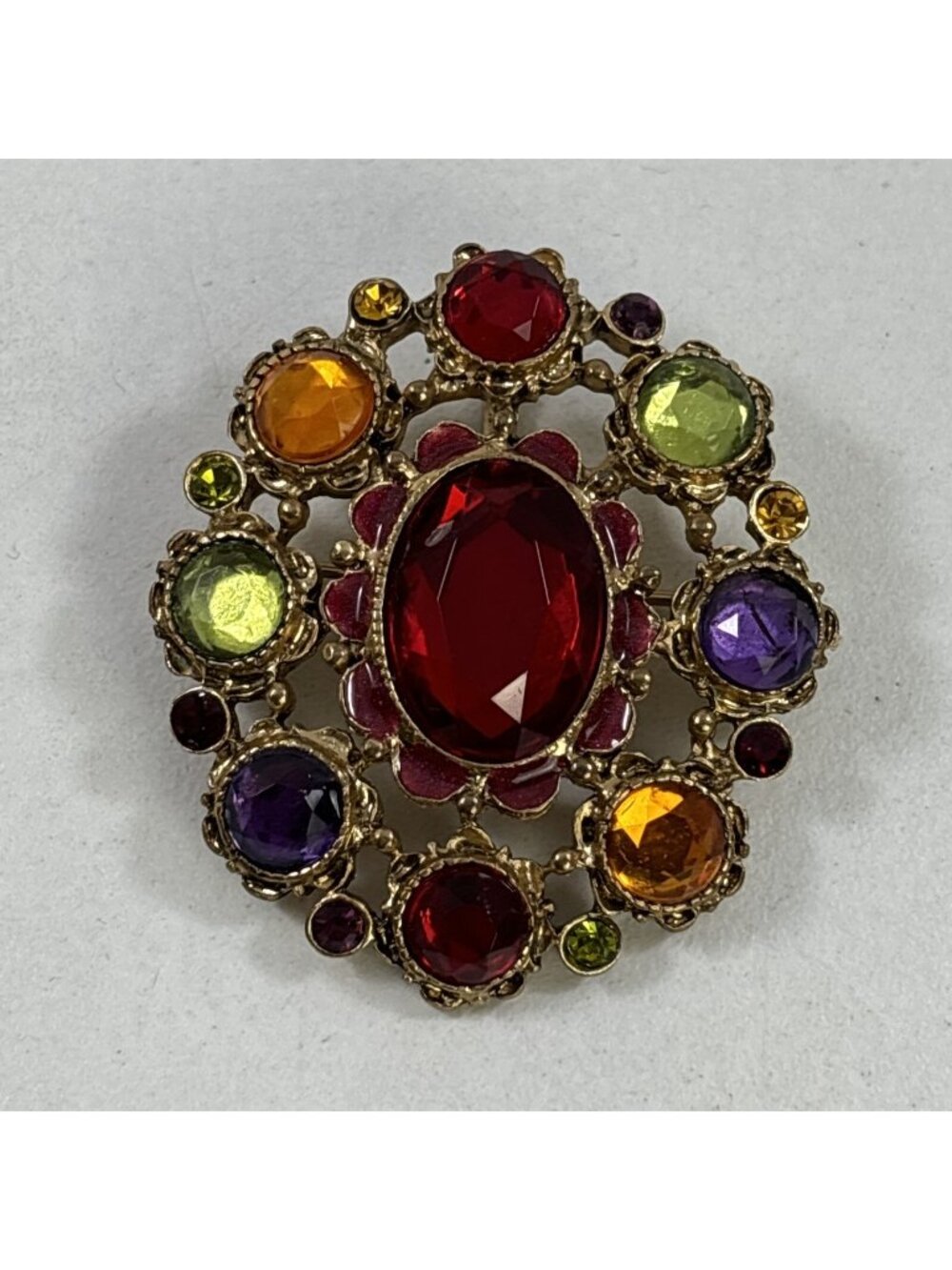 Vintage Brooch with Multicolor Acrylic Stones - One Size - Gold Tone